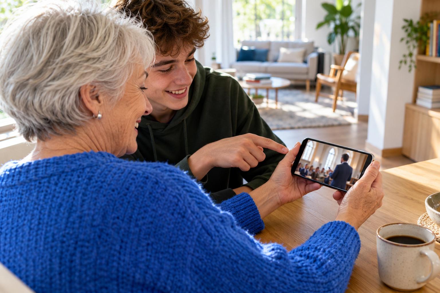 Over de schouder van een grootmoeder aan de keukentafel: op haar telefoon loopt de kerkdienst, haar kleinzoon wijst naar het scherm.