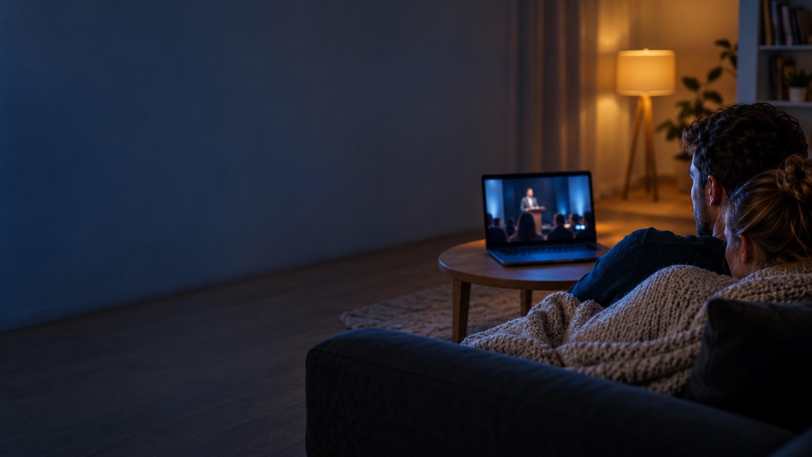 Over de schouder van een jong stel onder een deken: 's avonds in een donkere woonkamer loopt de kerkdienst op de laptop.